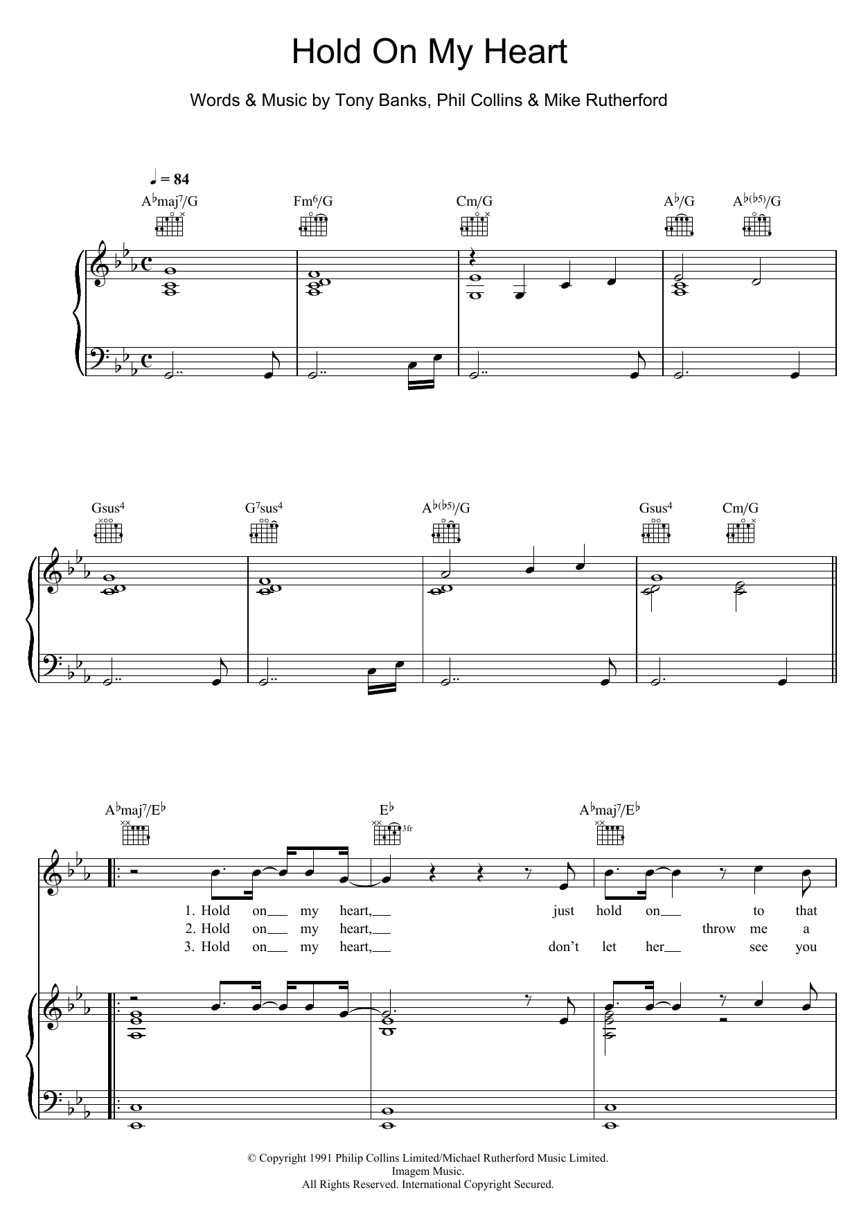 Download Genesis Hold On My Heart Sheet Music and learn how to play Piano, Vocal & Guitar Chords (Right-Hand Melody) PDF digital score in minutes