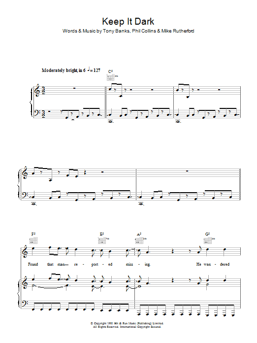 Download Genesis Keep It Dark Sheet Music and learn how to play Piano, Vocal & Guitar (Right-Hand Melody) PDF digital score in minutes