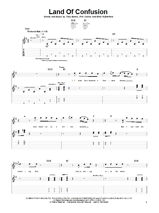 Download Genesis Land Of Confusion Sheet Music and learn how to play Guitar Lead Sheet PDF digital score in minutes