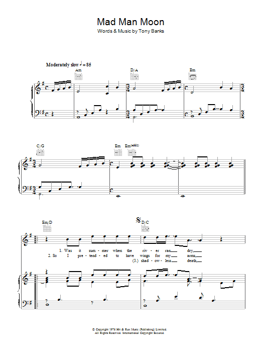 Download Genesis Mad Man Moon Sheet Music and learn how to play Piano, Vocal & Guitar Chords (Right-Hand Melody) PDF digital score in minutes