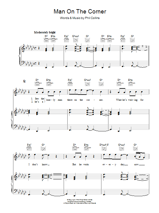 Download Genesis Man On The Corner Sheet Music and learn how to play Piano, Vocal & Guitar PDF digital score in minutes