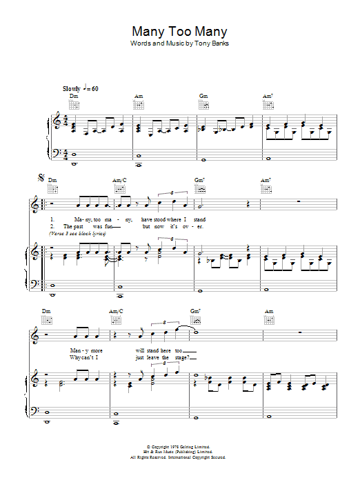 Download Genesis Many Too Many Sheet Music and learn how to play Piano, Vocal & Guitar Chords (Right-Hand Melody) PDF digital score in minutes