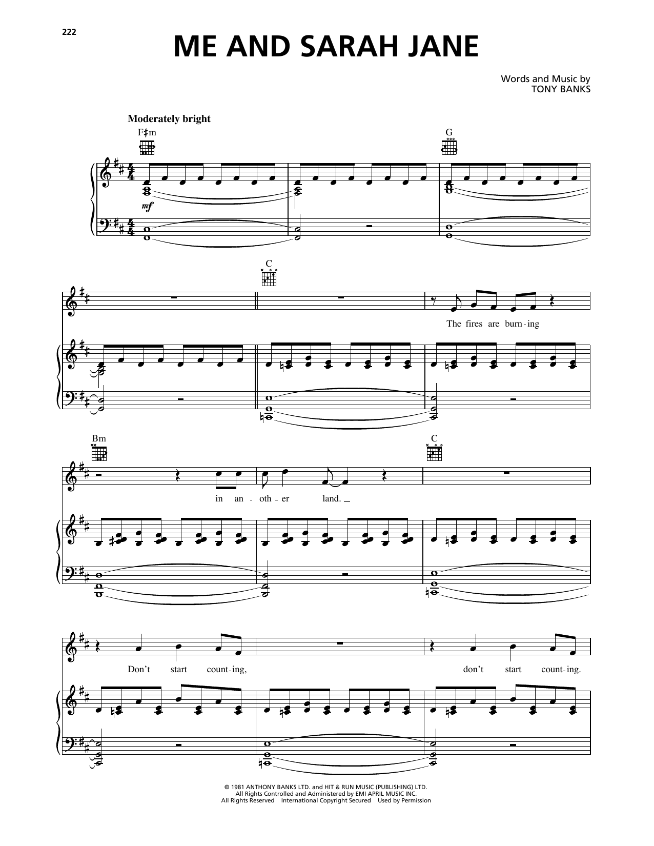 Download Genesis Me And Sarah Jane Sheet Music and learn how to play Piano, Vocal & Guitar Chords (Right-Hand Melody) PDF digital score in minutes