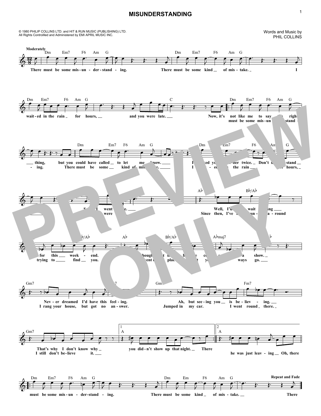 Download Genesis Misunderstanding Sheet Music and learn how to play Piano, Vocal & Guitar (Right-Hand Melody) PDF digital score in minutes
