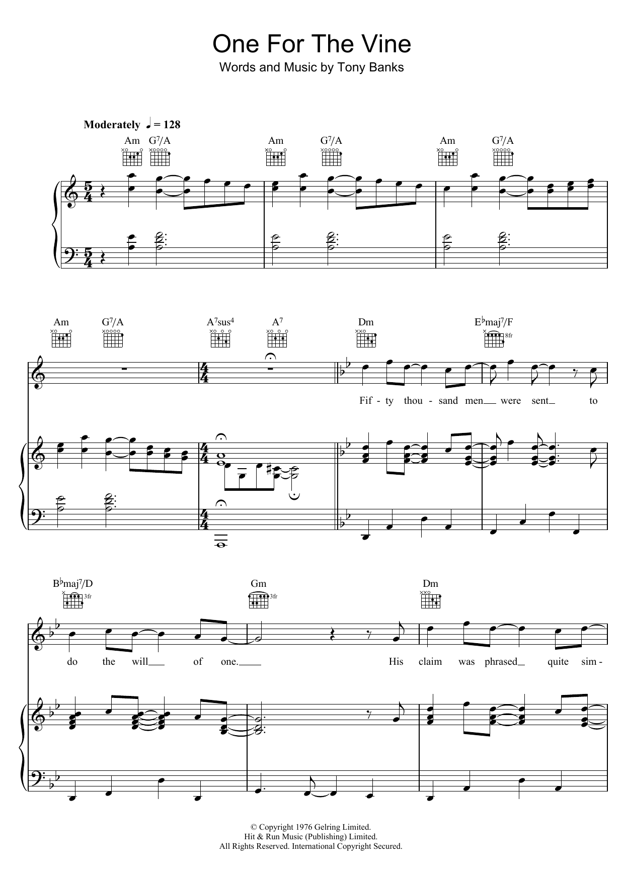 Download Genesis One For The Vine Sheet Music and learn how to play Piano, Vocal & Guitar (Right-Hand Melody) PDF digital score in minutes