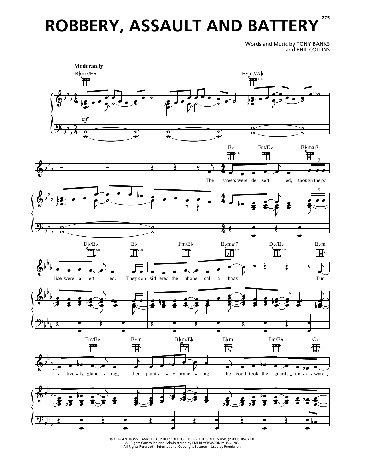Download Genesis Robbery, Assault And Battery Sheet Music and learn how to play Piano, Vocal & Guitar Chords (Right-Hand Melody) PDF digital score in minutes