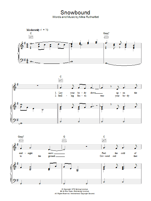 Download Genesis Snowbound Sheet Music and learn how to play Piano, Vocal & Guitar (Right-Hand Melody) PDF digital score in minutes