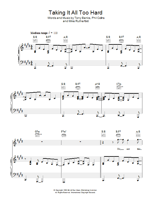 Download Genesis Taking It All Too Hard Sheet Music and learn how to play Piano, Vocal & Guitar PDF digital score in minutes