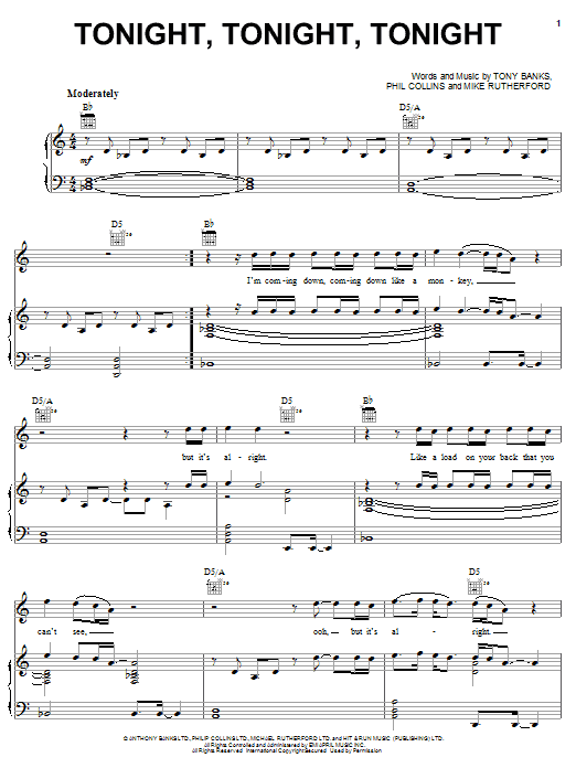 Download Genesis Tonight, Tonight, Tonight Sheet Music and learn how to play Piano, Vocal & Guitar (Right-Hand Melody) PDF digital score in minutes