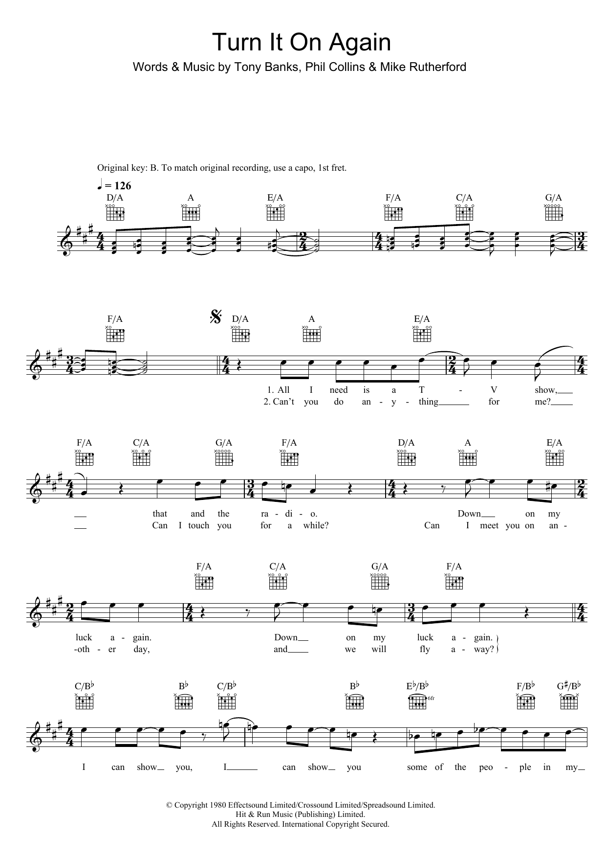 Download Genesis Turn It On Again Sheet Music and learn how to play Piano, Vocal & Guitar PDF digital score in minutes