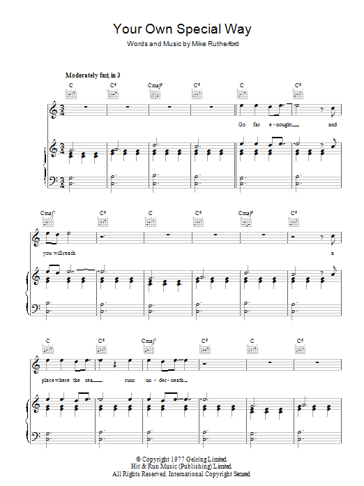 Download Genesis Your Own Special Way Sheet Music and learn how to play Piano, Vocal & Guitar (Right-Hand Melody) PDF digital score in minutes