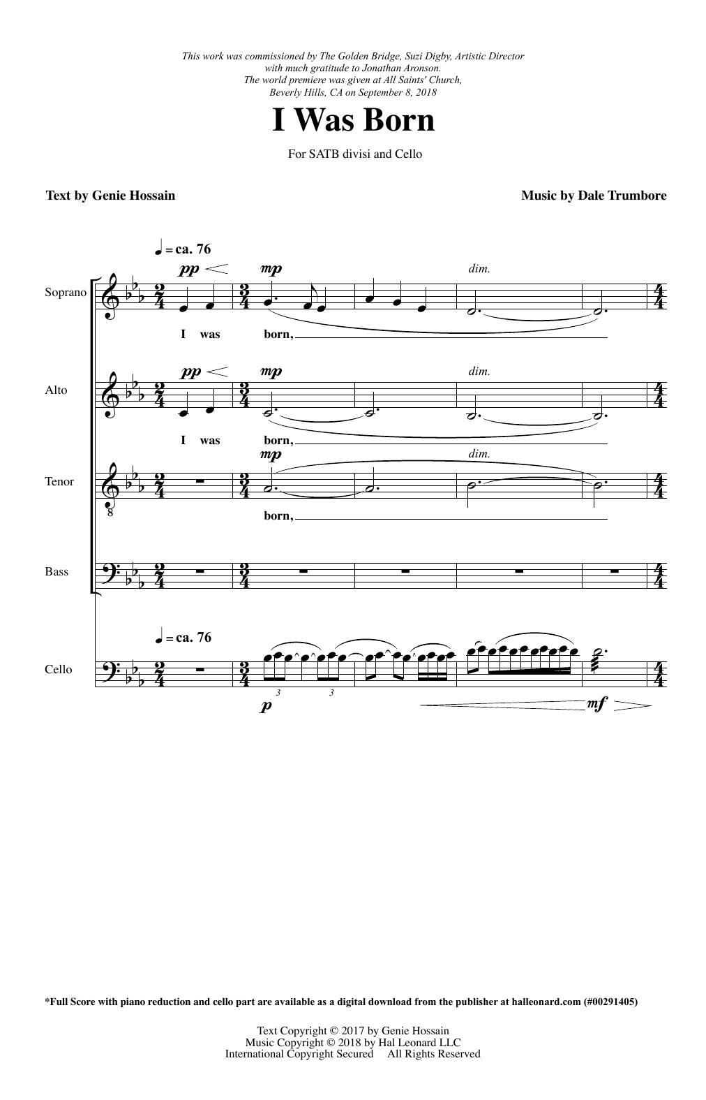 Download Genie Hossain & Dale Trumbore I Was Born Sheet Music and learn how to play SATB Choir PDF digital score in minutes