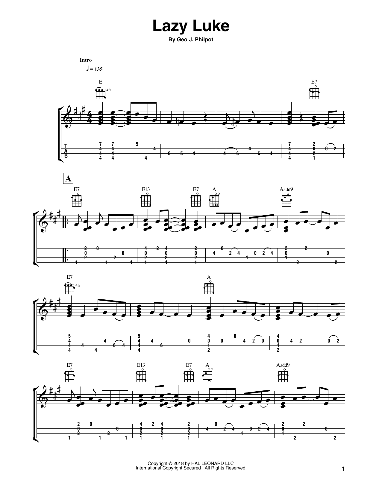 Download Fred Sokolow Lazy Luke Sheet Music and learn how to play Easy Ukulele Tab PDF digital score in minutes