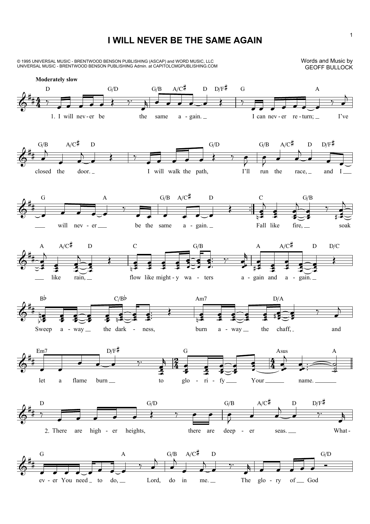 Download Geoff Bullock I Will Never Be The Same Again Sheet Music and learn how to play Melody Line, Lyrics & Chords PDF digital score in minutes