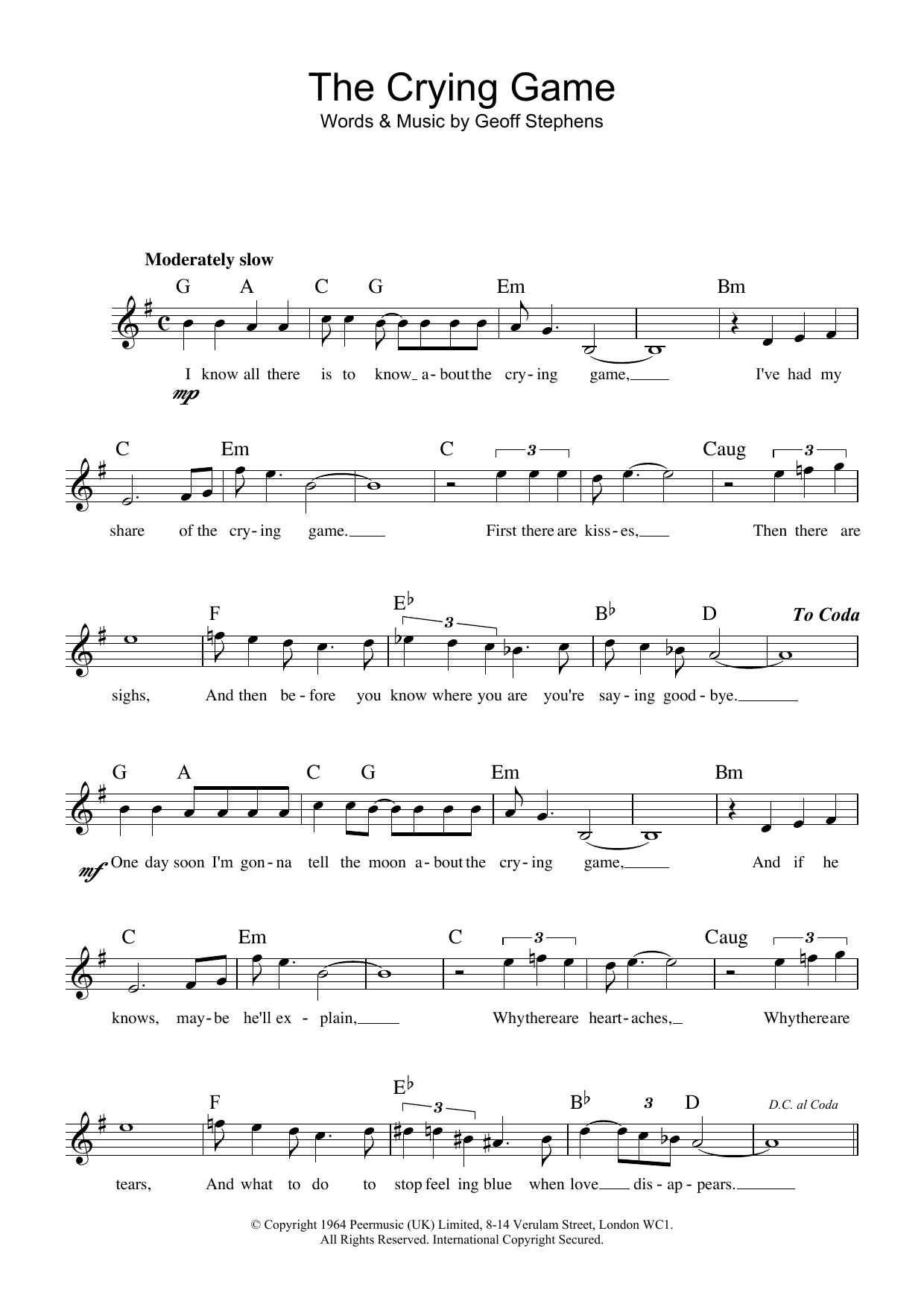 Download Geoff Stephens The Crying Game Sheet Music and learn how to play Melody Line, Lyrics & Chords PDF digital score in minutes
