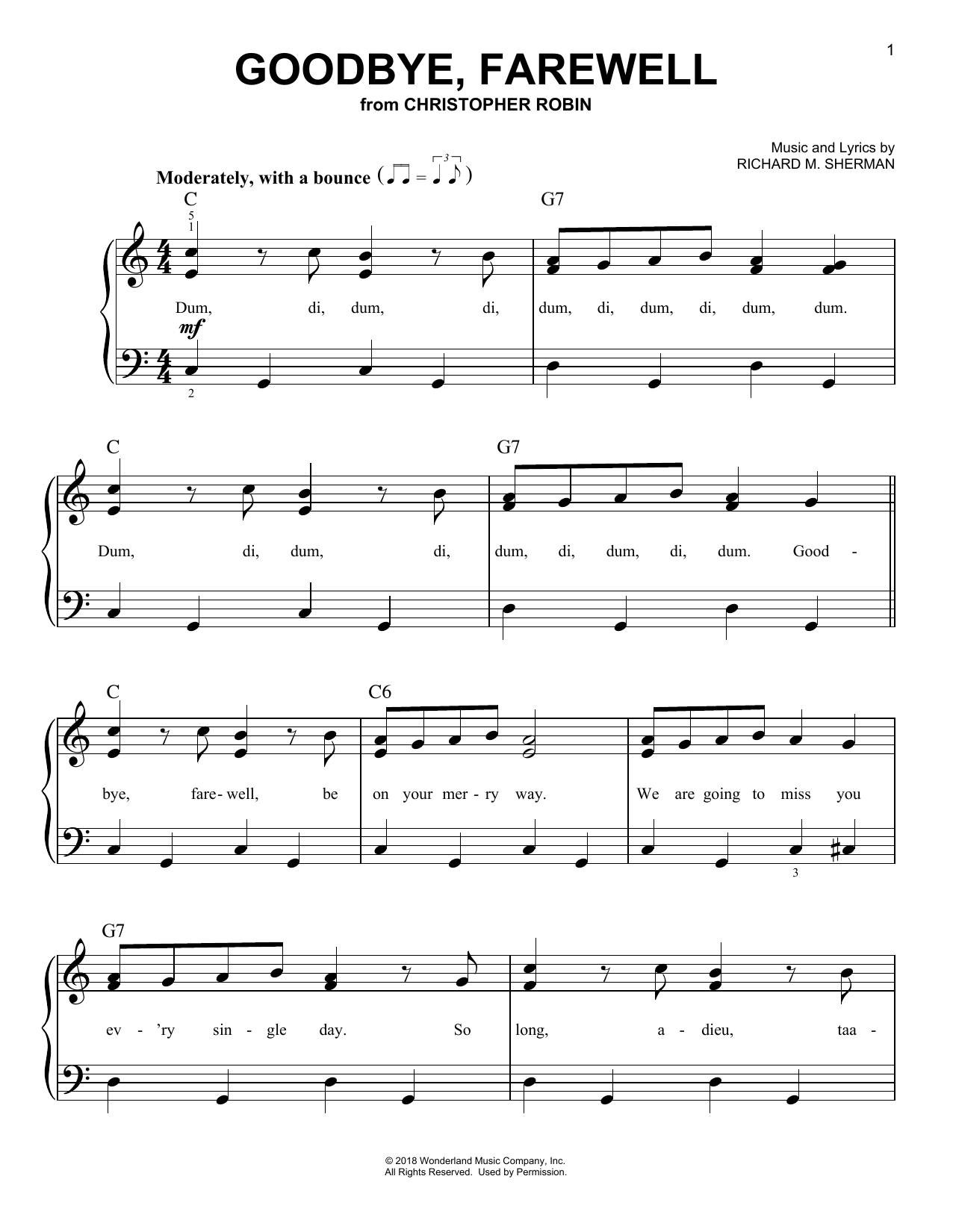 Download Geoff Zanelli & Jon Brion Goodbye, Farewell (from Christopher Robin) Sheet Music and learn how to play Easy Piano PDF digital score in minutes