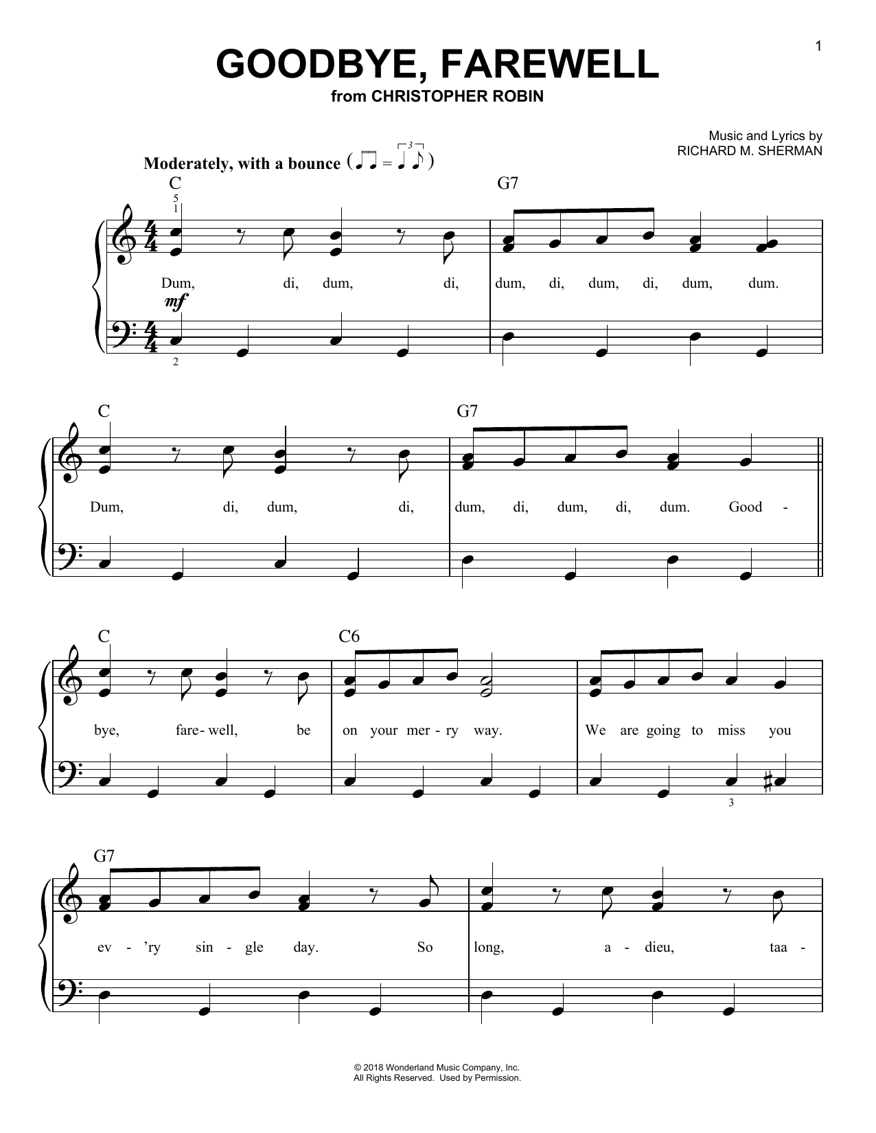 Download Geoff Zanelli & Jon Brion Goodbye, Farewell (from Christopher Robin) Sheet Music and learn how to play Piano, Vocal & Guitar Chords (Right-Hand Melody) PDF digital score in minutes