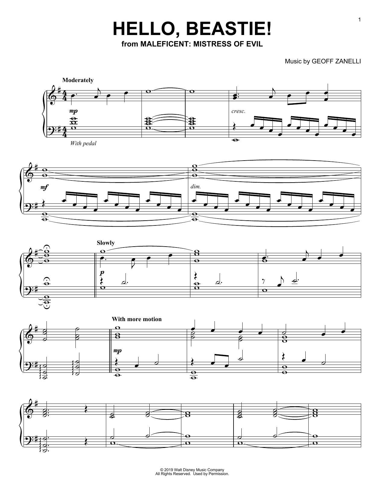 Download Geoff Zanelli Hello, Beastie! (from Disney's Maleficent: Mistress of Evil) Sheet Music and learn how to play Piano Solo PDF digital score in minutes