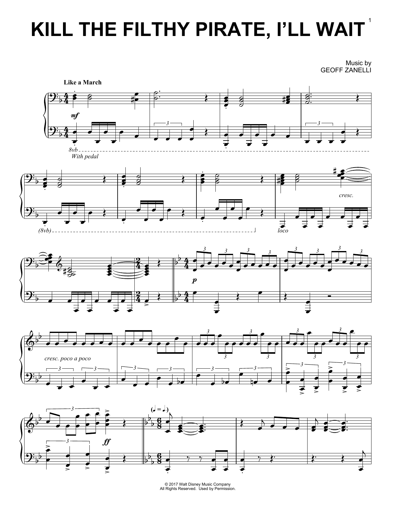 Download Geoff Zanelli Kill The Filthy Pirate, I'll Wait Sheet Music and learn how to play Piano PDF digital score in minutes