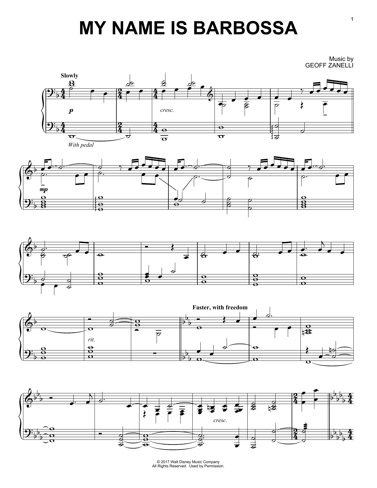 Download Geoff Zanelli My Name Is Barbossa Sheet Music and learn how to play Piano PDF digital score in minutes
