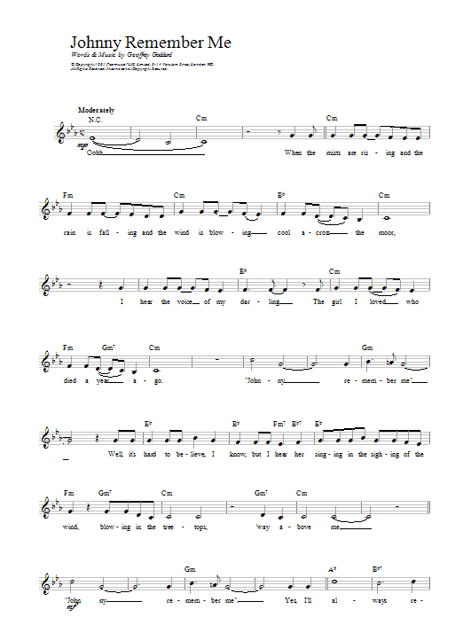 Download Geoffrey Goddard Johnny Remember Me Sheet Music and learn how to play Melody Line, Lyrics & Chords PDF digital score in minutes