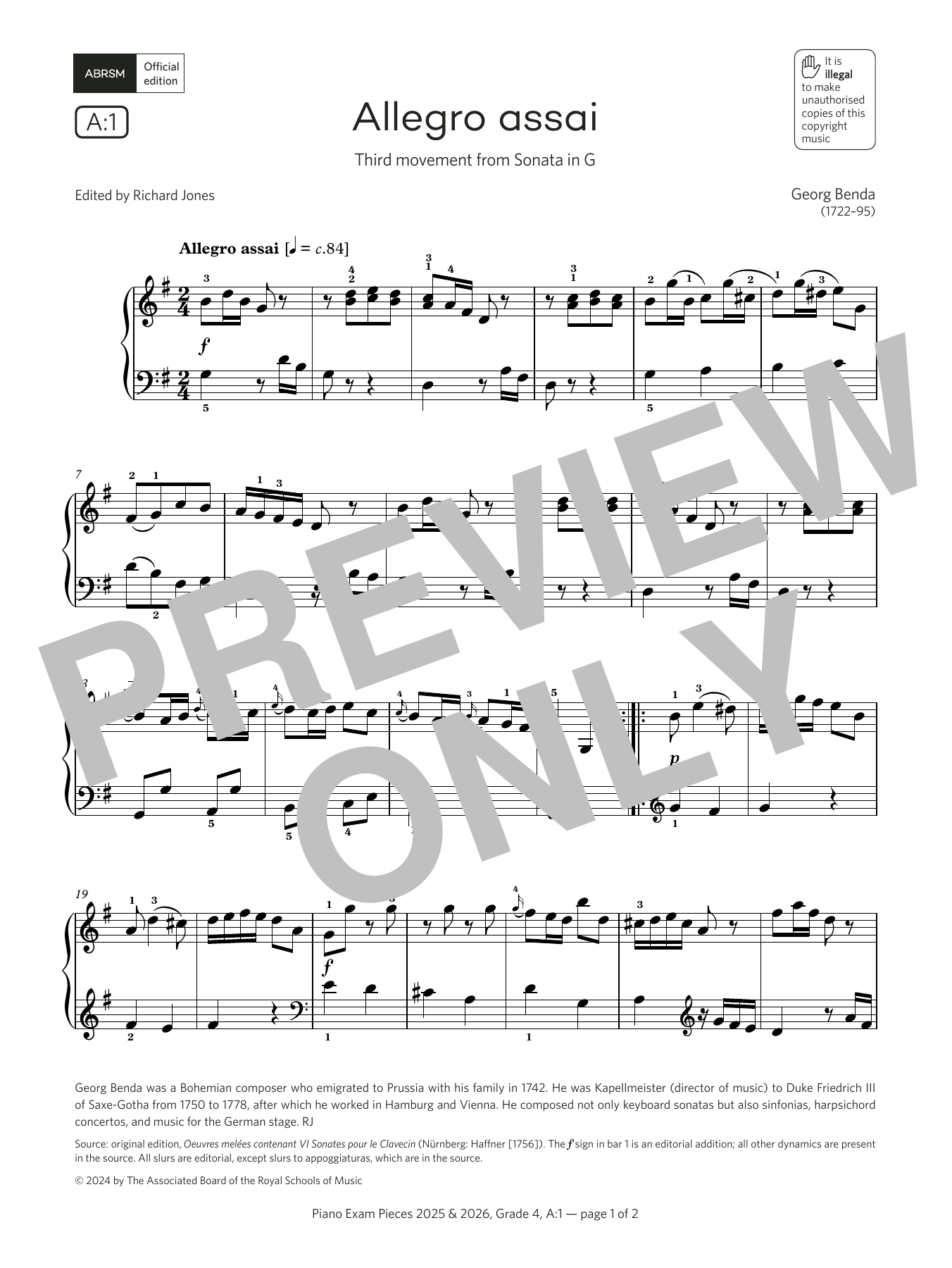 Download Georg Benda Allegro assai (Grade 4, list A1, from the ABRSM Piano Syllabus 2025 & 2026) Sheet Music and learn how to play Piano Solo PDF digital score in minutes