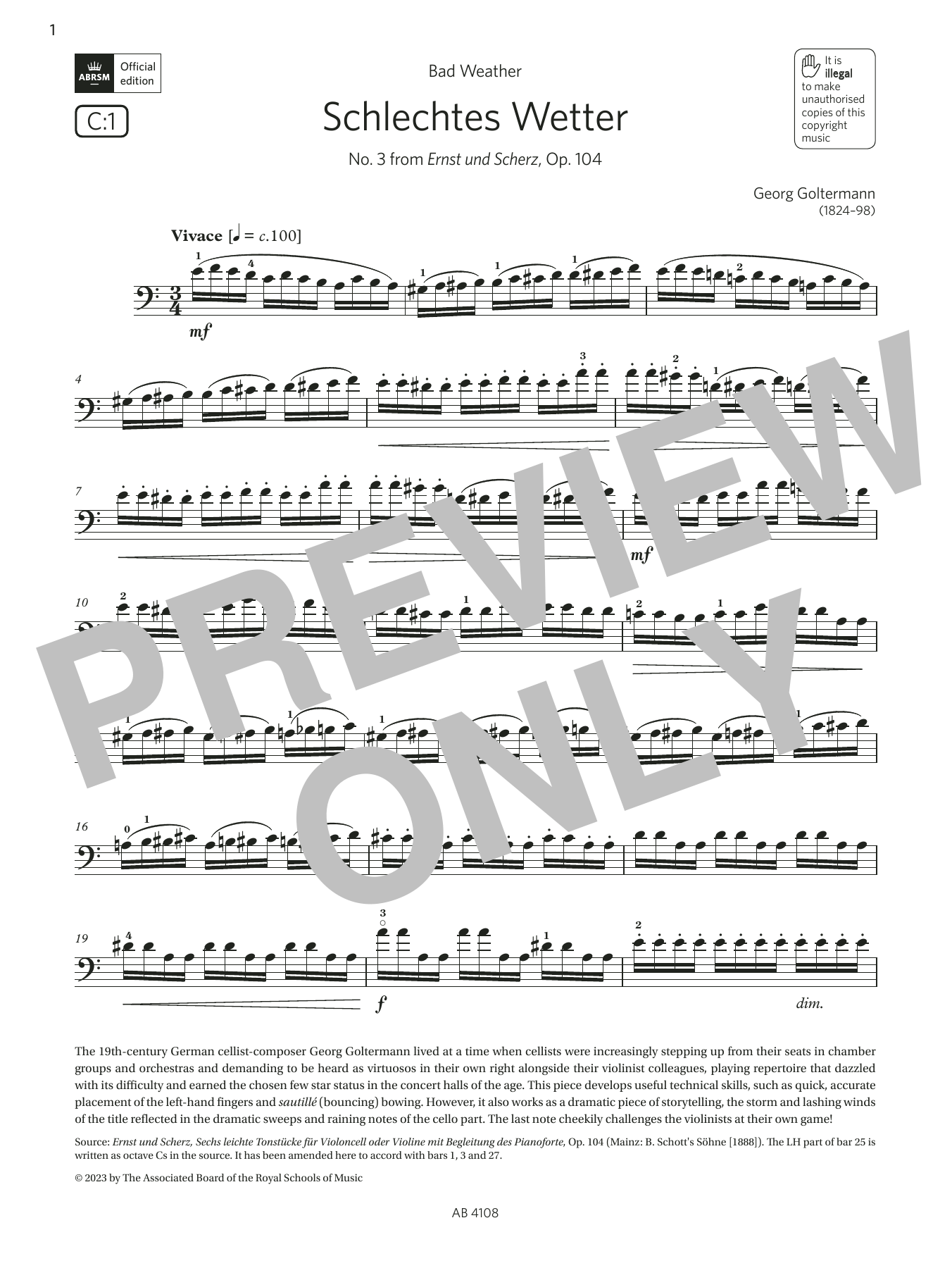 Download Georg Goltermann Schlechtes Wetter (Grade 5, C1, from the ABRSM Cello Syllabus from 2024) Sheet Music and learn how to play Cello Solo PDF digital score in minutes