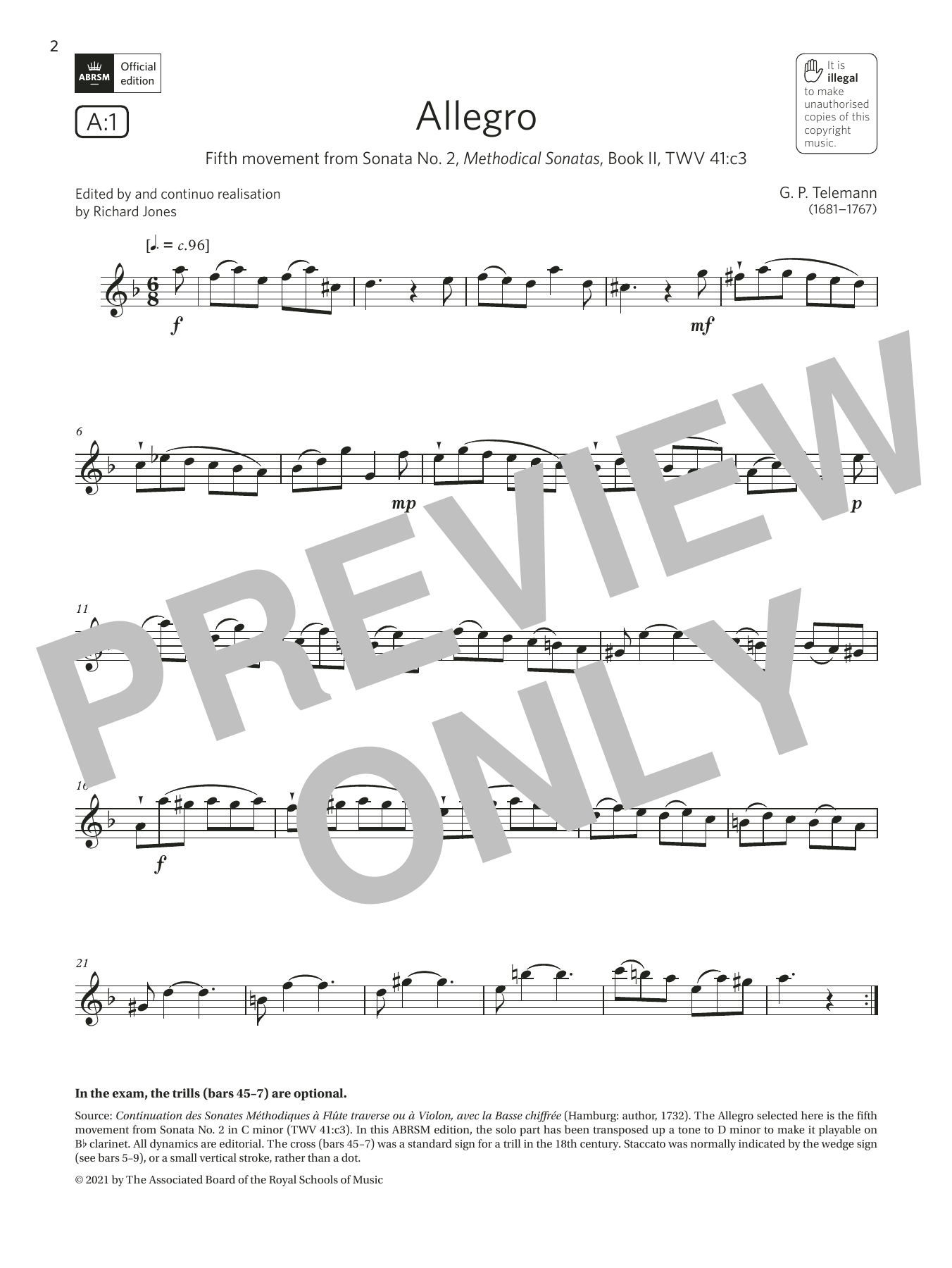 Download Georg Philipp Telemann Allegro (from Sonata No. 2) (Grade 4 List A1 from the ABRSM Clarinet syllabus fr Sheet Music and learn how to play Clarinet Solo PDF digital score in minutes