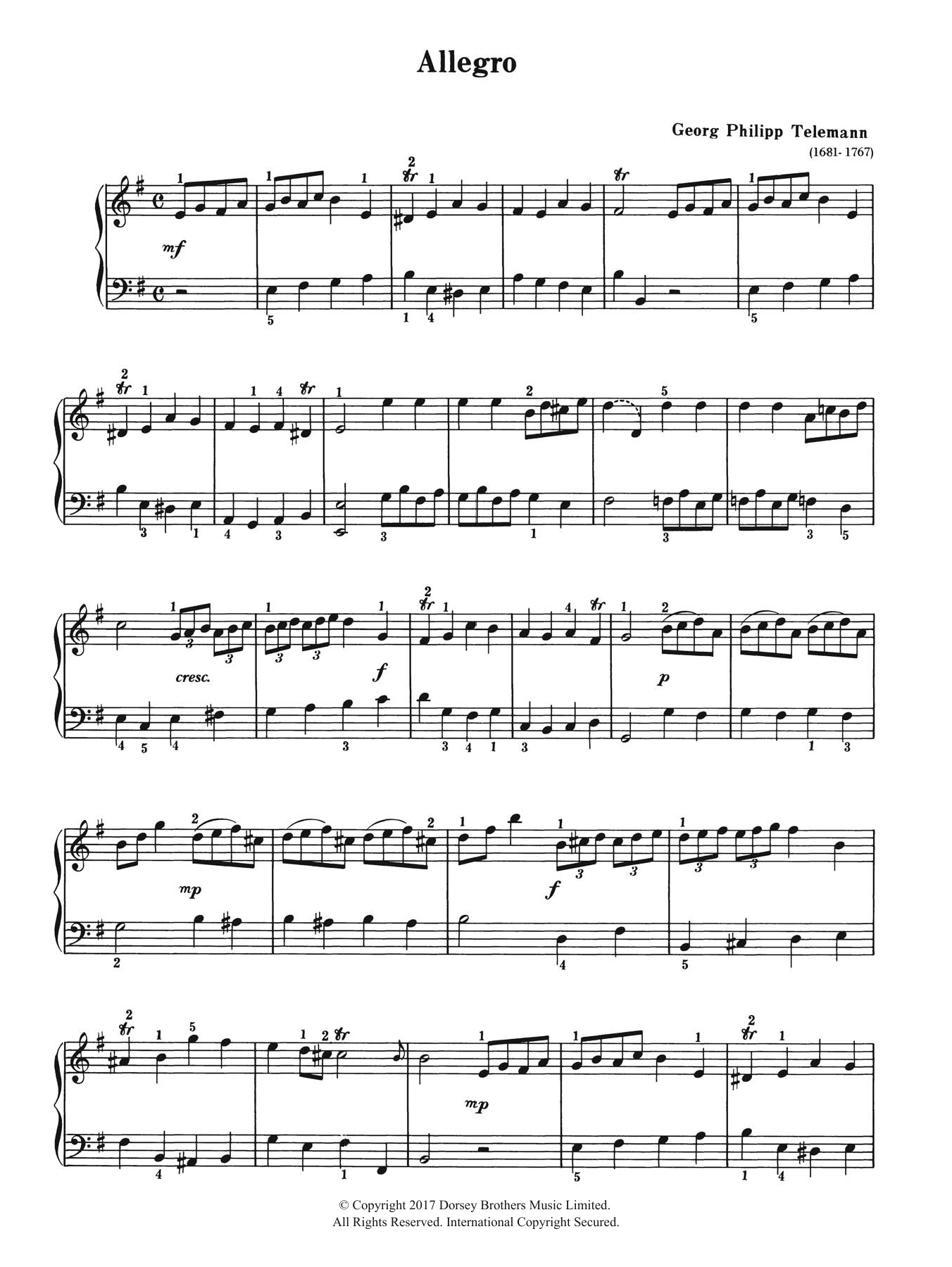 Download Georg Philipp Telemann Allegro Sheet Music and learn how to play Piano PDF digital score in minutes
