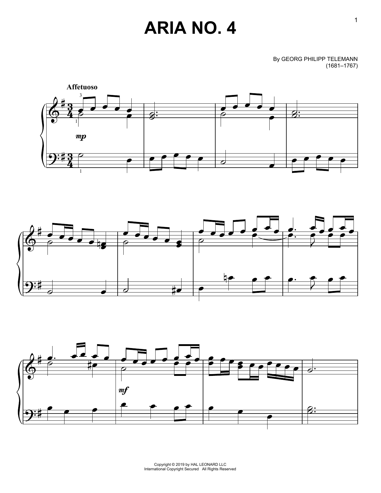 Download Georg Philipp Telemann Aria No. 4 Sheet Music and learn how to play Easy Piano PDF digital score in minutes