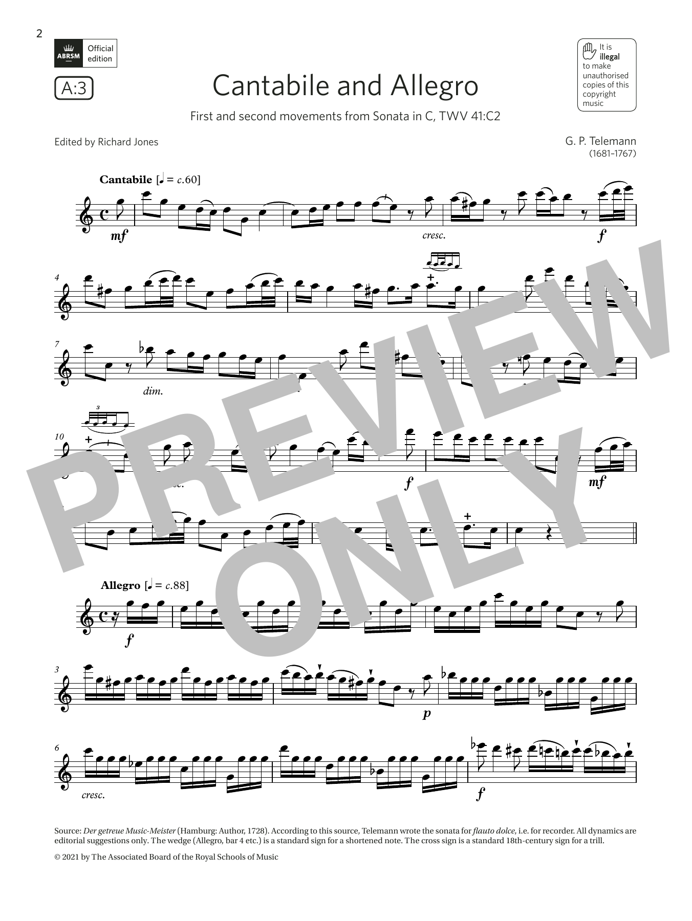 Download Georg Philipp Telemann Cantabile and Allegro (from Sonata in C) (Grade 6 List A3 from the ABRSM Flute s Sheet Music and learn how to play Flute Solo PDF digital score in minutes
