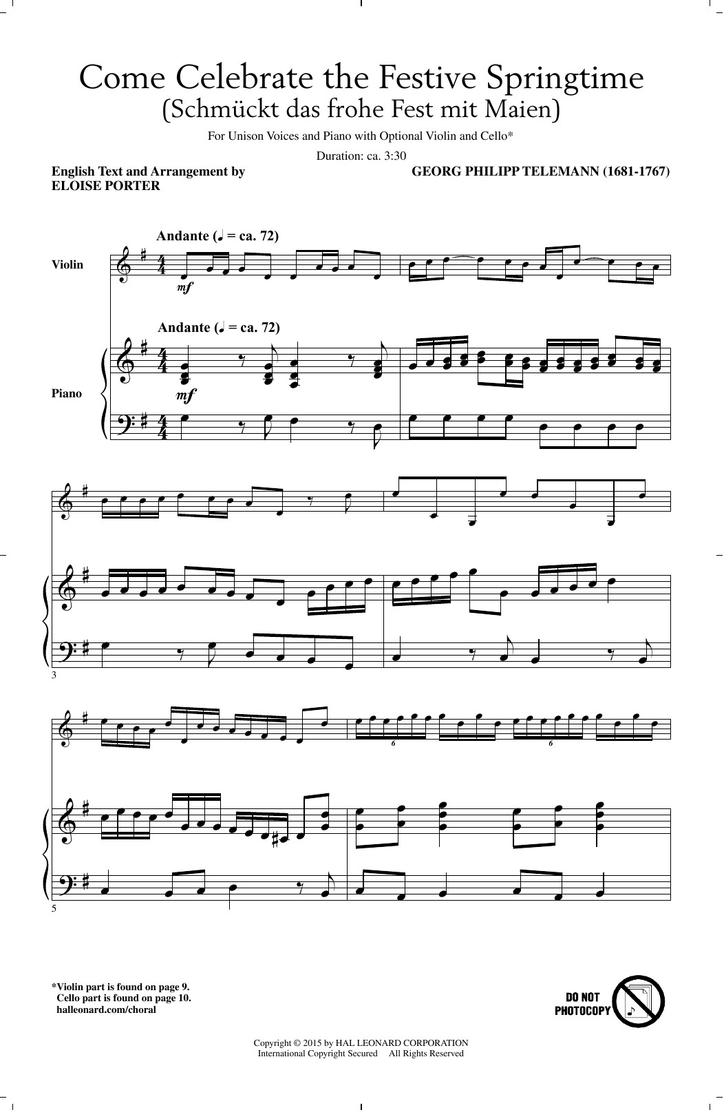Download Georg Philipp Telemann Come Celebrate The Festive Springtime Sheet Music and learn how to play Unison Voice PDF digital score in minutes