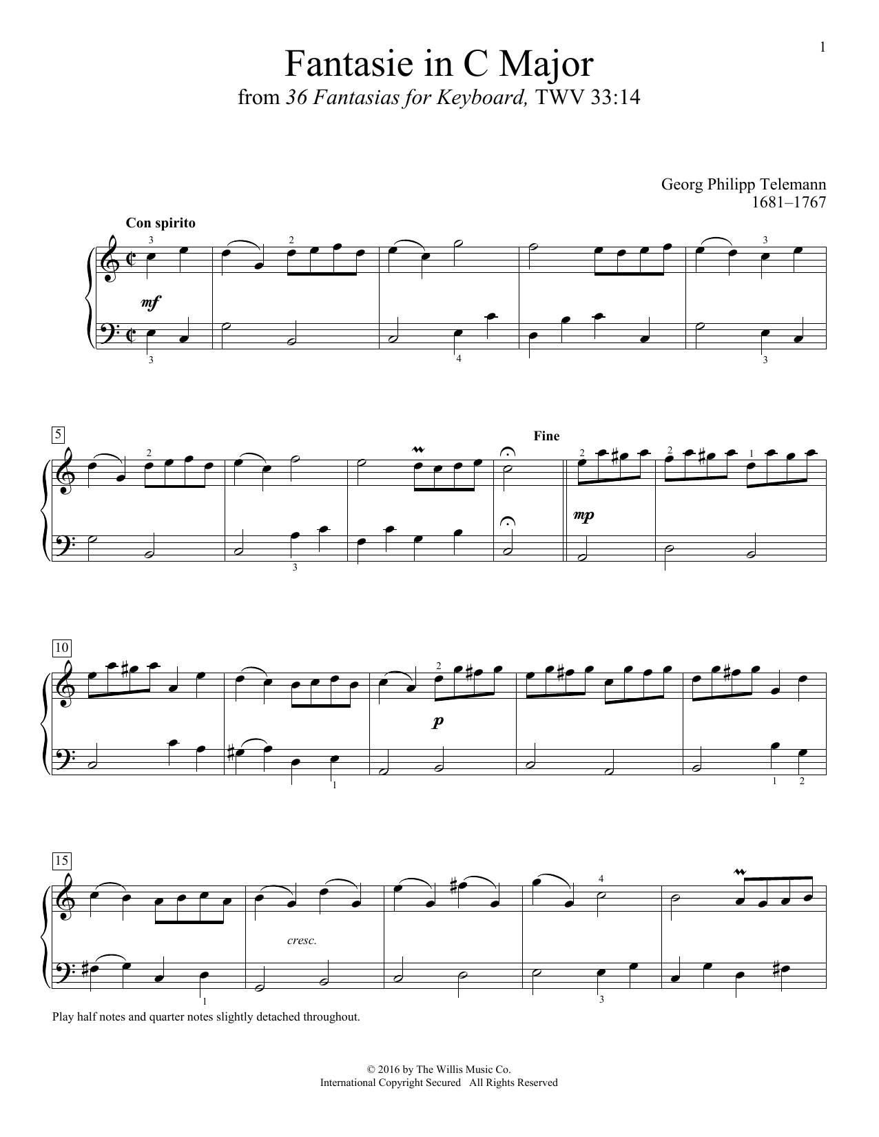 Download Georg Philipp Telemann Fantasie In C Major Sheet Music and learn how to play Educational Piano PDF digital score in minutes