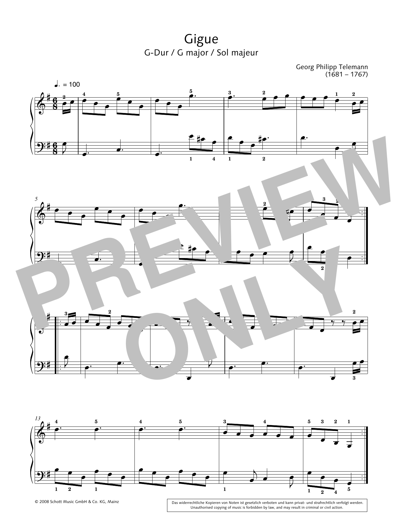 Download Georg Philipp Telemann Gigue in G major Sheet Music and learn how to play Piano Solo PDF digital score in minutes