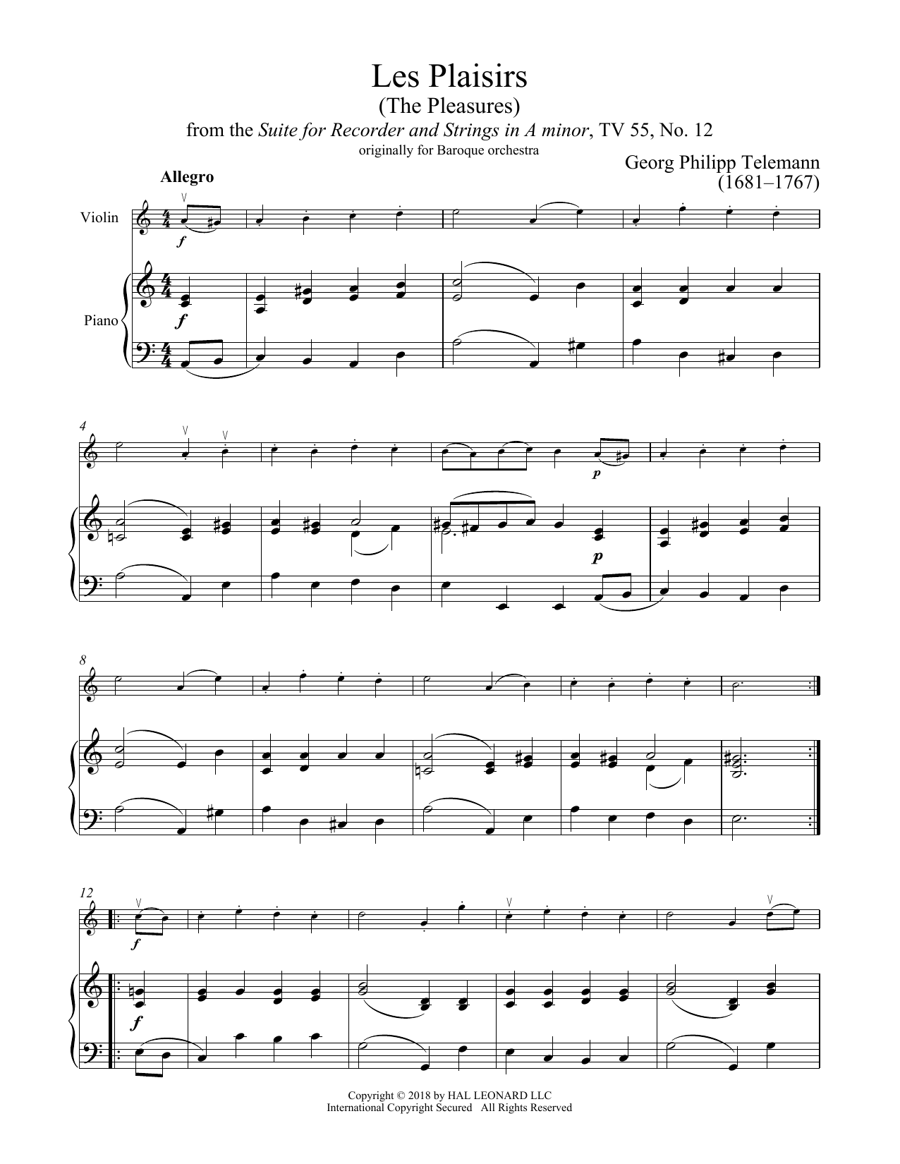 Download Georg Philipp Telemann Les Plaisirs Sheet Music and learn how to play Violin and Piano PDF digital score in minutes