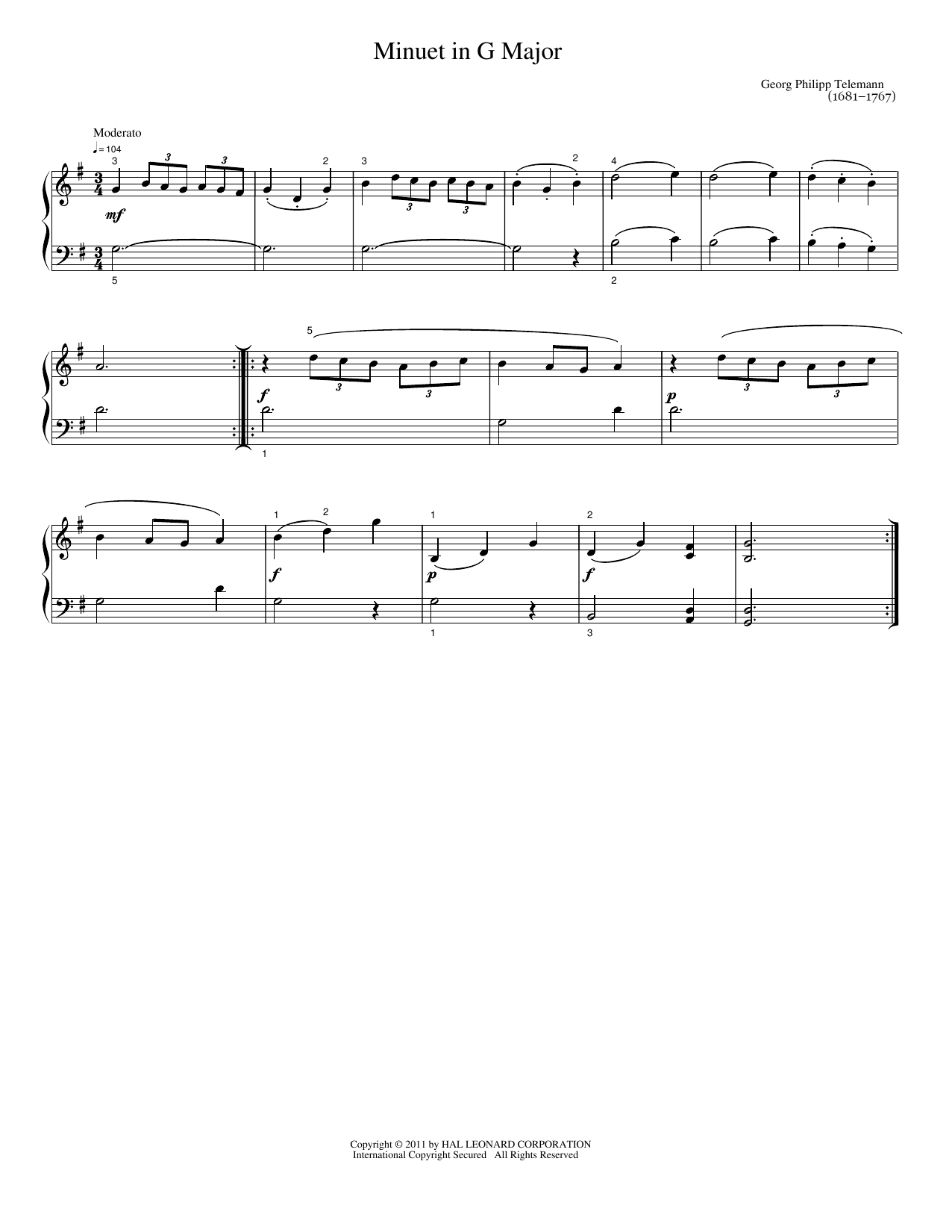 Download Georg Philipp Telemann Menuet In G Sheet Music and learn how to play Easy Piano PDF digital score in minutes