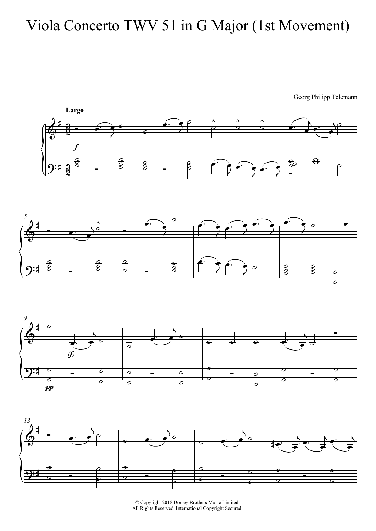 Download Georg Philipp Telemann Viola Concerto TWV 51 In G Major Sheet Music and learn how to play Piano PDF digital score in minutes