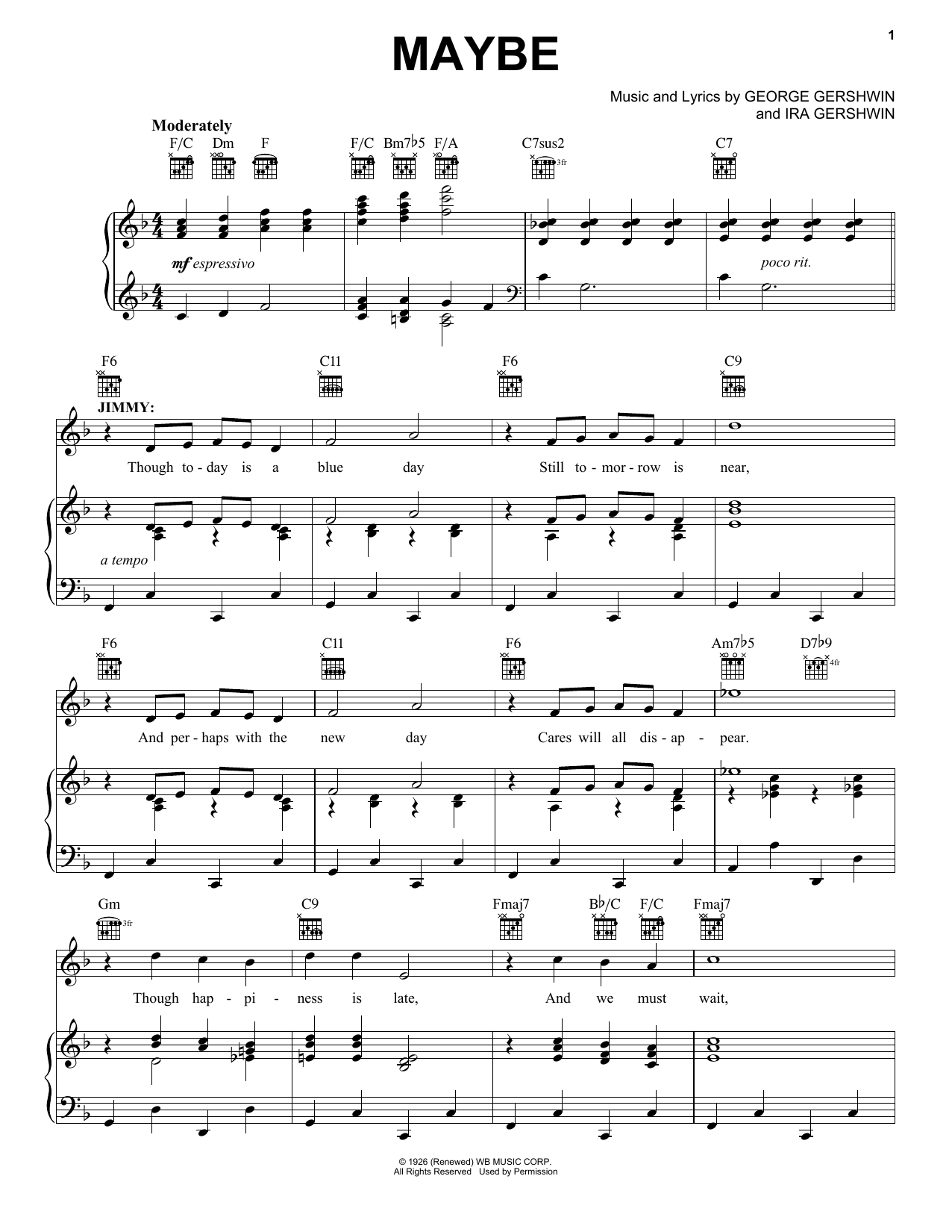 Download George and Ira Gershwin Maybe Sheet Music and learn how to play Piano, Vocal & Guitar Chords (Right-Hand Melody) PDF digital score in minutes