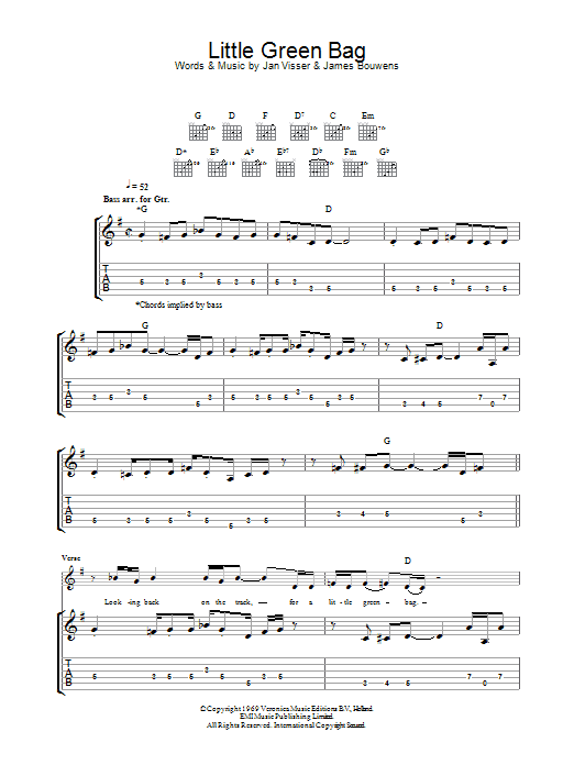 Download George Baker Little Green Bag (from Reservoir Dogs) Sheet Music and learn how to play Guitar Tab PDF digital score in minutes