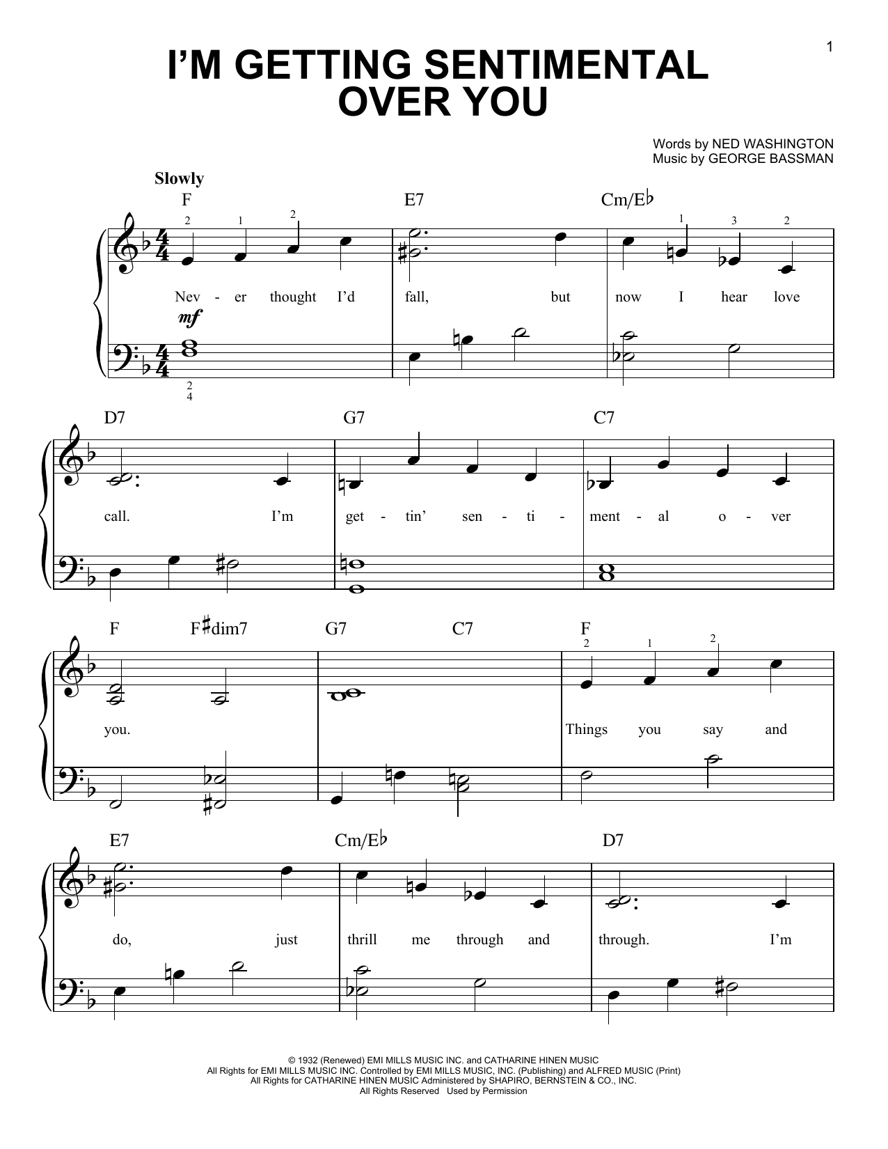Download George Bassman I'm Getting Sentimental Over You Sheet Music and learn how to play Easy Piano PDF digital score in minutes