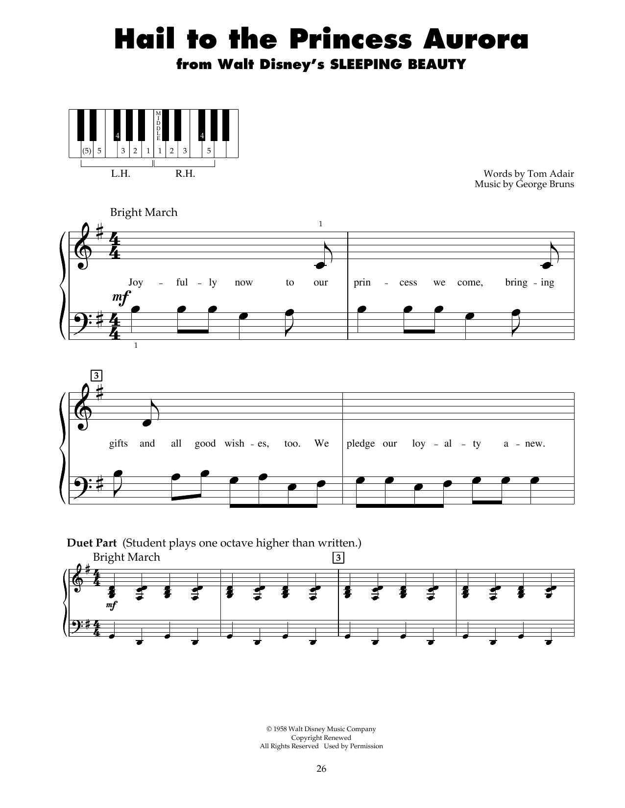 Download George Bruns Hail To The Princess Aurora (from Sleeping Beauty) Sheet Music and learn how to play 5-Finger Piano PDF digital score in minutes