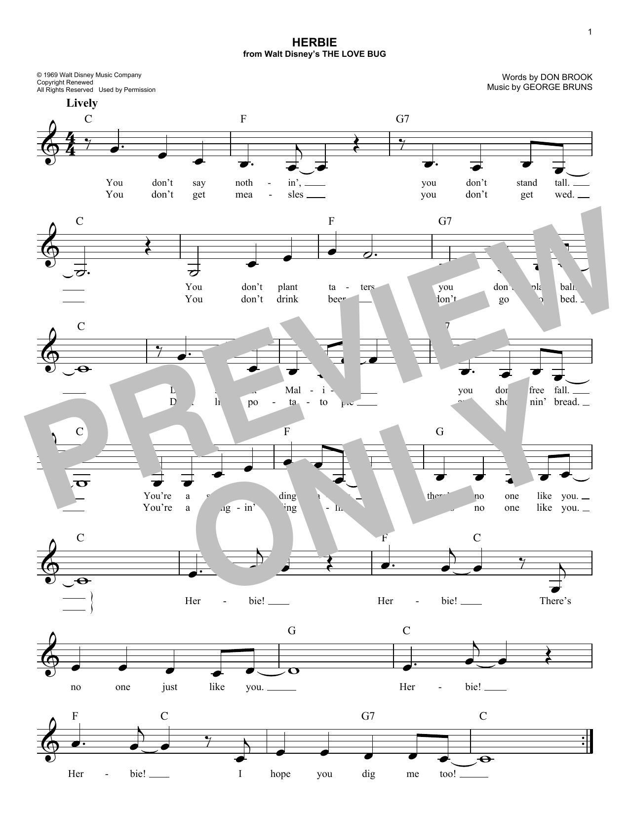 Download George Bruns Herbie Sheet Music and learn how to play Melody Line, Lyrics & Chords PDF digital score in minutes