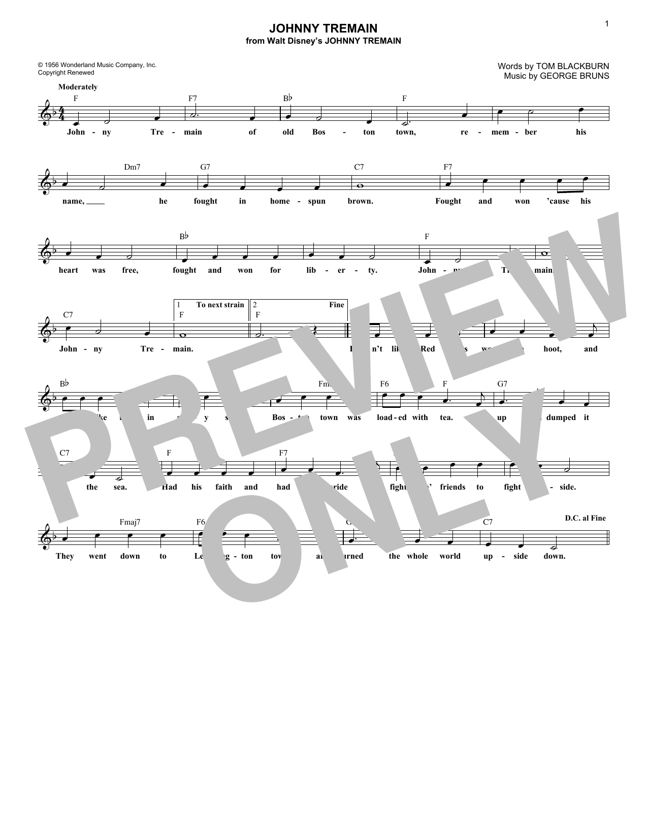 Download George Bruns Johnny Tremain Sheet Music and learn how to play Melody Line, Lyrics & Chords PDF digital score in minutes