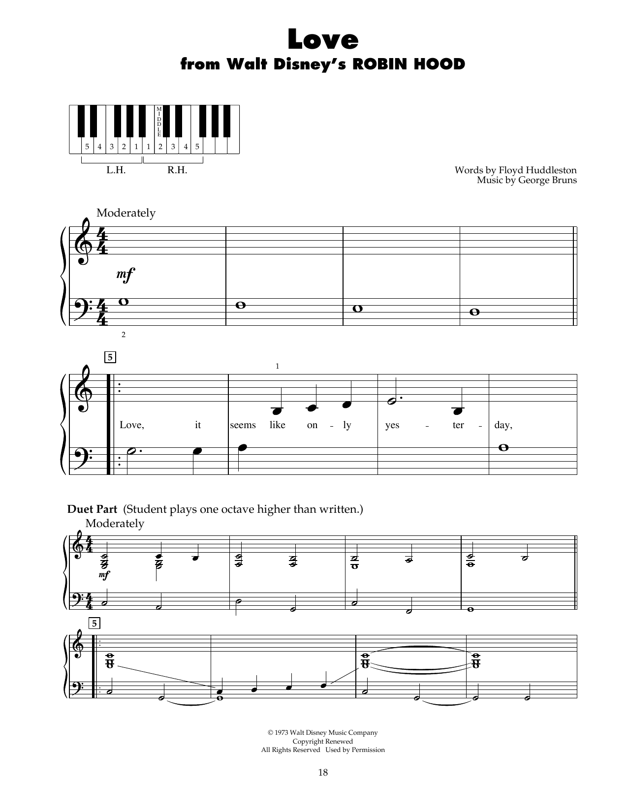Download George Bruns Love (from Robin Hood) Sheet Music and learn how to play 5-Finger Piano PDF digital score in minutes