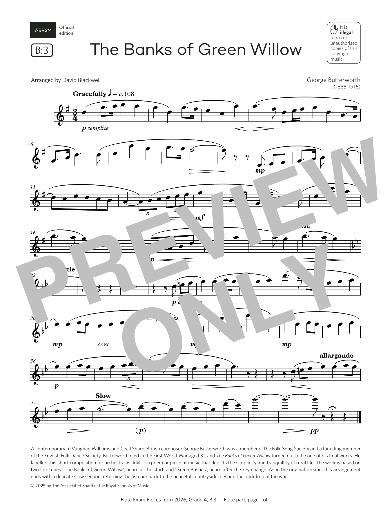 Download George Butterworth The Banks of Green Willow (Grade 4, list B3, from the ABRSM Flute Syllabus from Sheet Music and learn how to play Flute Solo PDF digital score in minutes