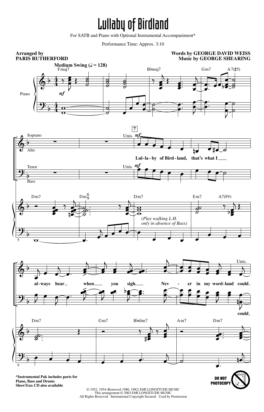 Download George David Weiss and George Shearing Lullaby Of Birdland (arr. Paris Rutherford) Sheet Music and learn how to play SATB Choir PDF digital score in minutes