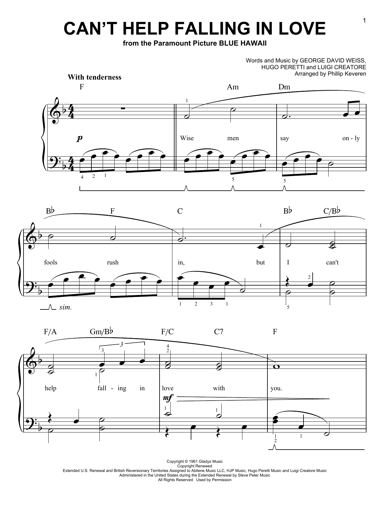 Download George David Weiss Can't Help Falling In Love (arr. Phillip Keveren) Sheet Music and learn how to play Easy Piano PDF digital score in minutes