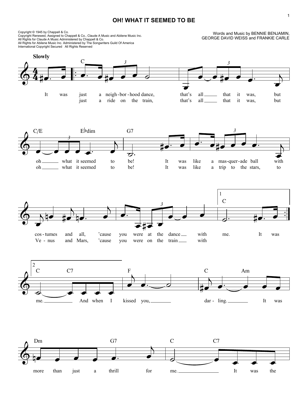 Download George David Weiss Oh! What It Seemed To Be Sheet Music and learn how to play Melody Line, Lyrics & Chords PDF digital score in minutes