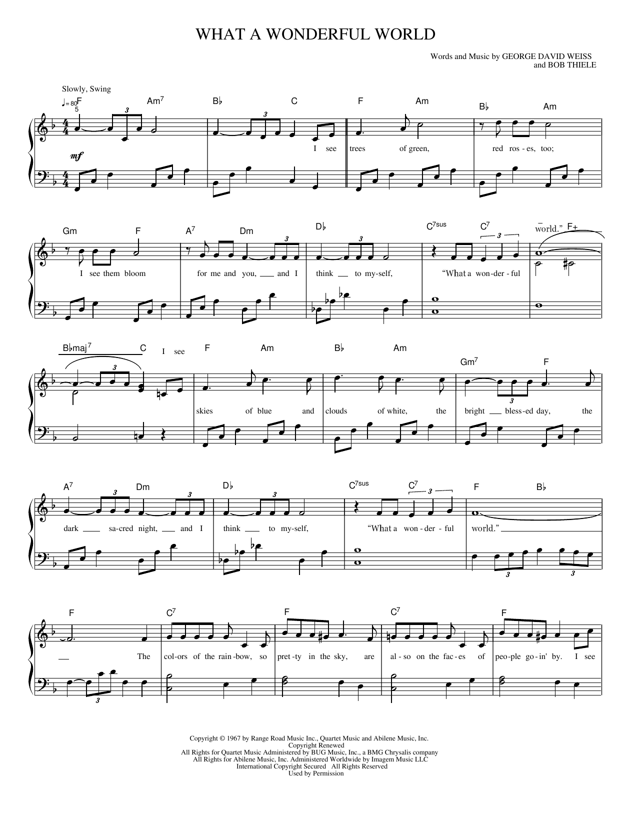 Download George David Weiss What A Wonderful World Sheet Music and learn how to play Piano, Vocal & Guitar Chords (Right-Hand Melody) PDF digital score in minutes