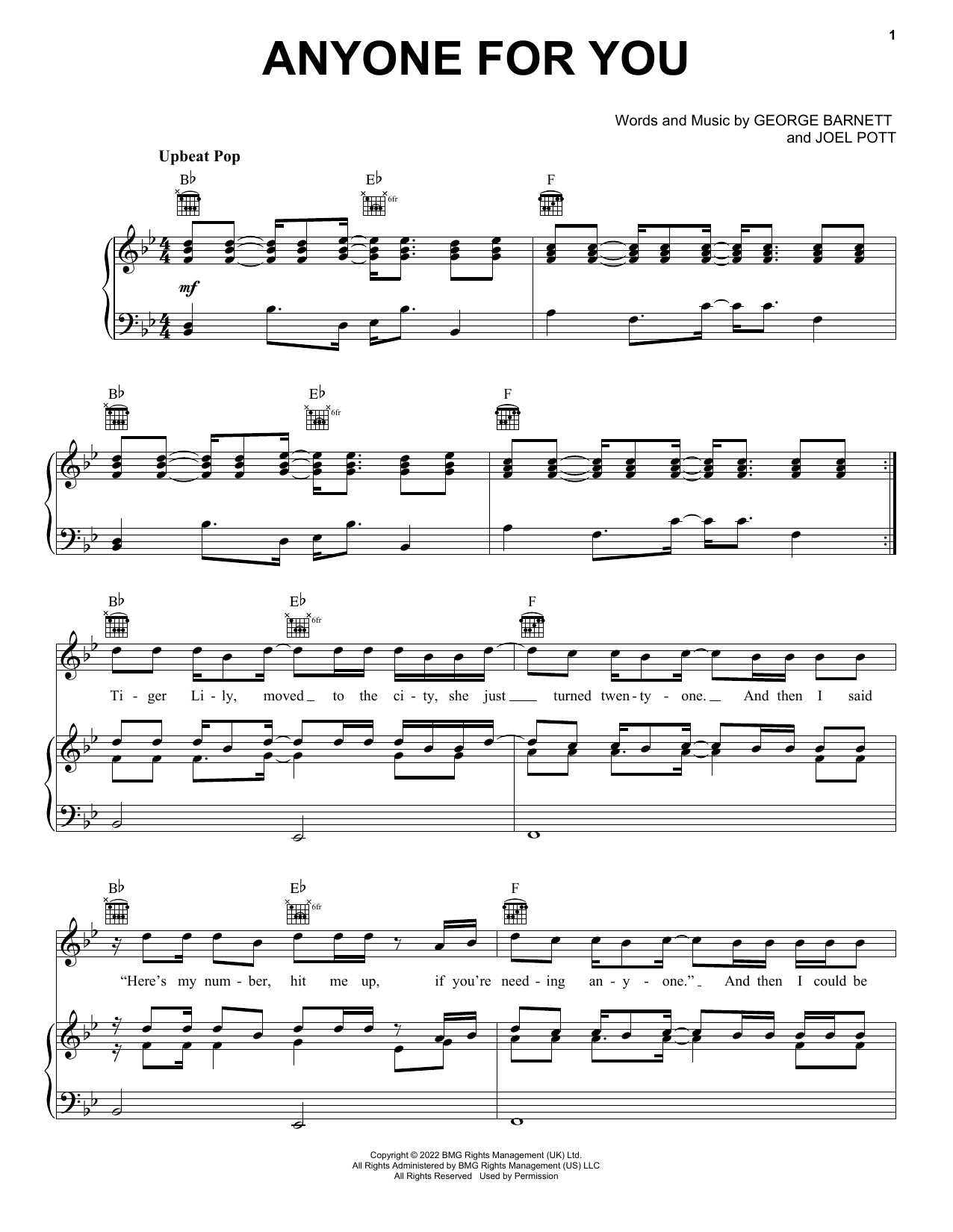 Download George Ezra Anyone For You (Tiger Lily) Sheet Music and learn how to play Piano, Vocal & Guitar Chords (Right-Hand Melody) PDF digital score in minutes